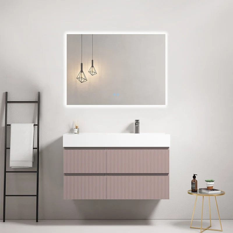 Mobile bagno sospeso cannettato 100 cm Rosa Retro Lavabo a Destra in Resina Specchio Quadro Retroilluminato - Fiji Paint