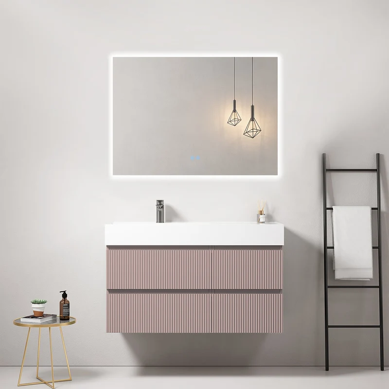 Mobile bagno sospeso cannettato 100 cm Rosa Retro Lavabo a Sinistra in Resina Specchio Quadro Retroilluminato - Fiji Paint