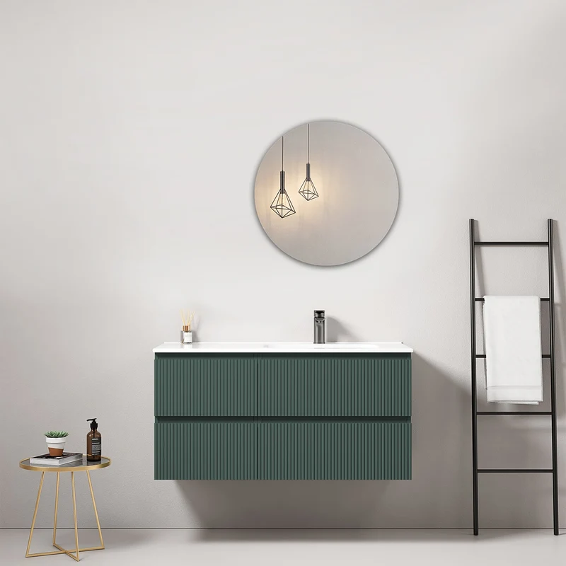 Mobile bagno sospeso cannettato 100 cm Verde Comodoro Lavabo a Destra in Ceramica Specchio Tondo - Fiji Paint