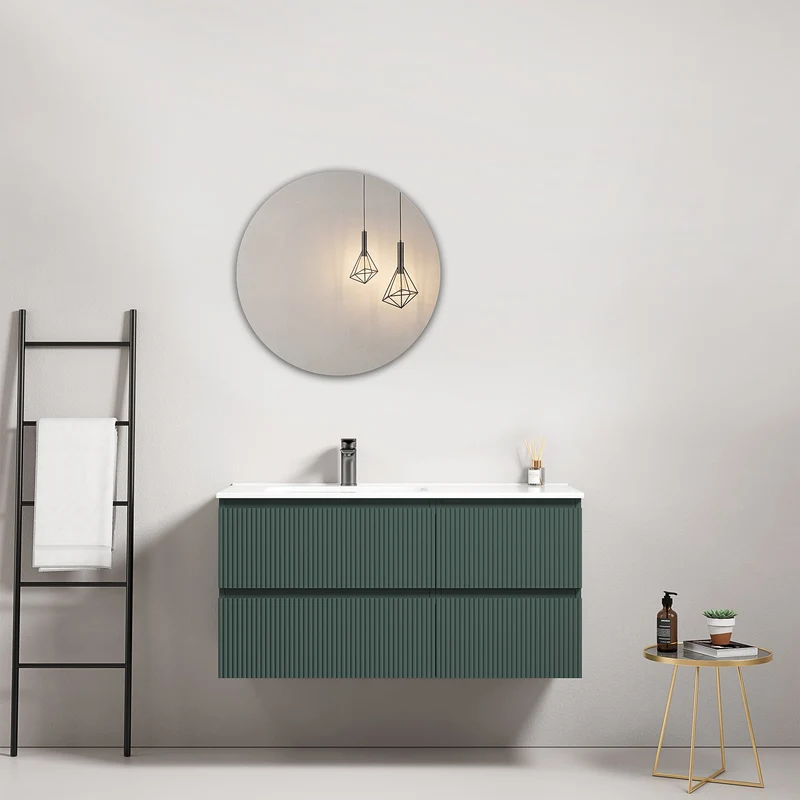 Mobile bagno sospeso cannettato 100 cm Verde Comodoro Lavabo a Sinistra in Ceramica Specchio Tondo - Fiji Paint