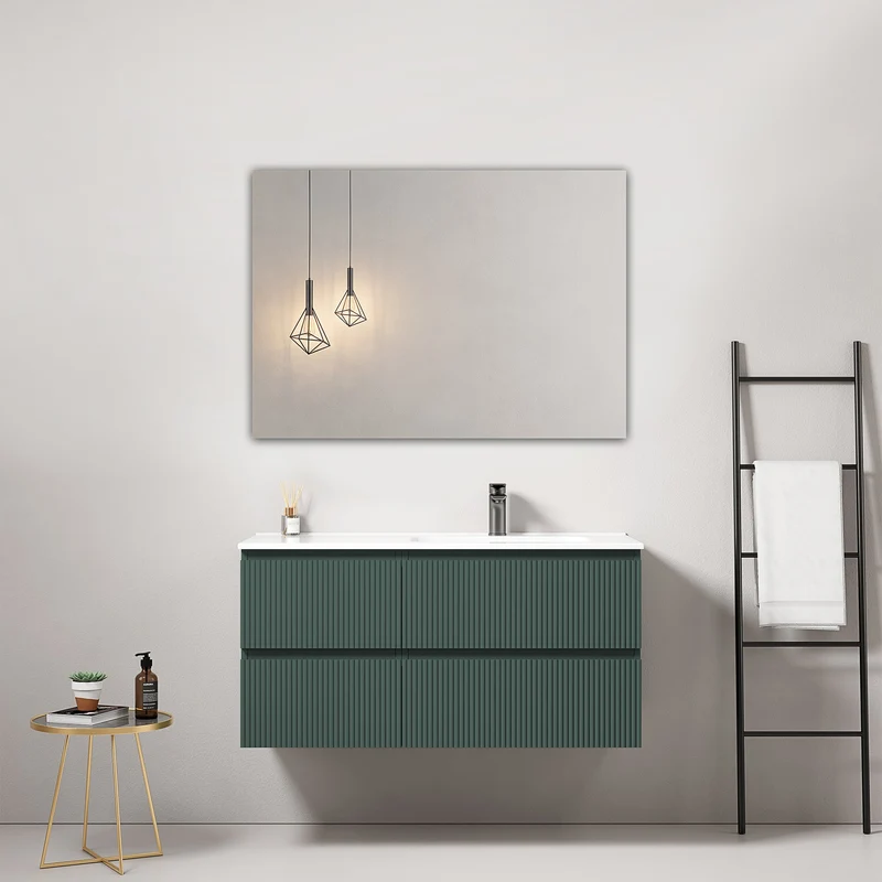 Mobile bagno sospeso cannettato 100 cm Verde Comodoro Lavabo a Destra in Ceramica Specchio Quadro - Fiji Paint