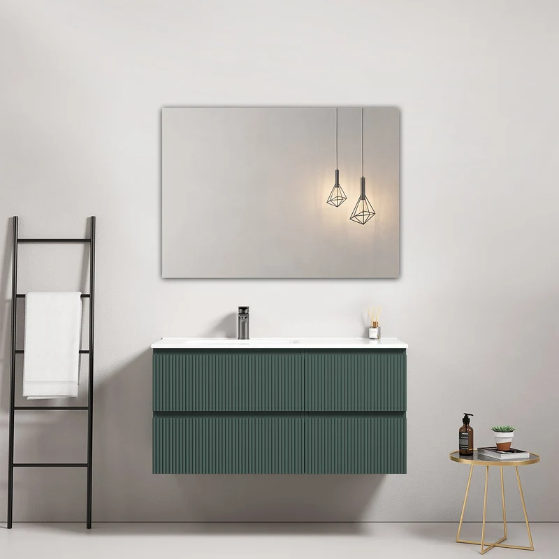 Mobile bagno sospeso cannettato 100 cm Verde Comodoro Lavabo a Sinistra in Ceramica Specchio Quadro - Fiji Paint