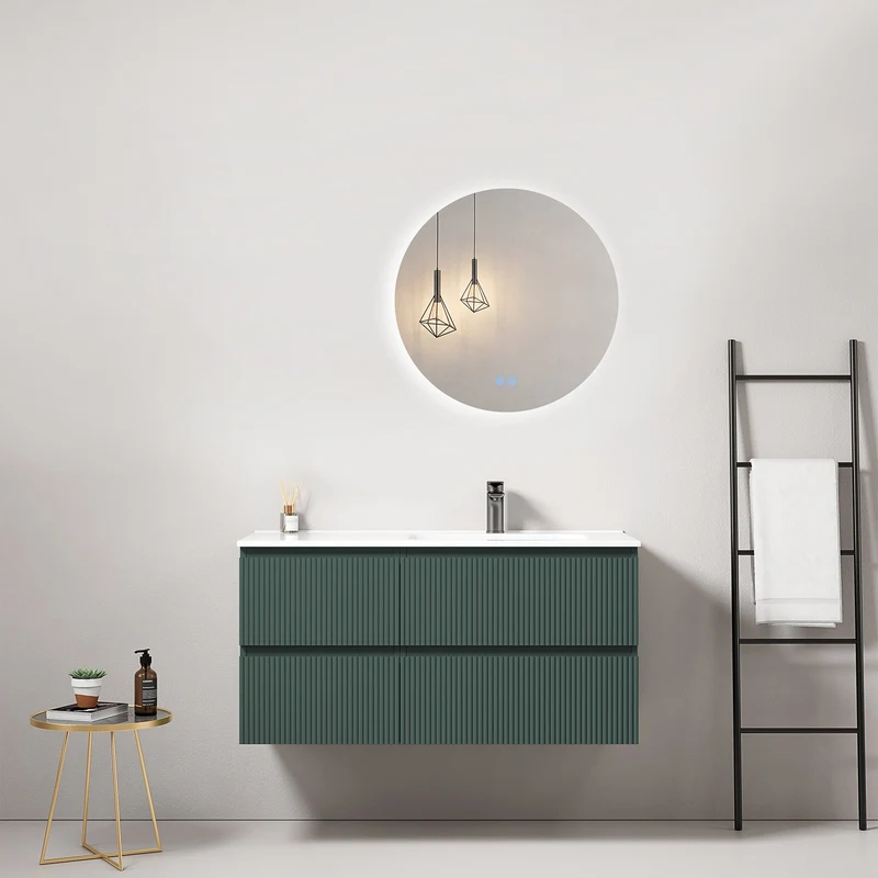 Mobile bagno sospeso cannettato 100 cm Verde Comodoro Lavabo a Destra in Ceramica Specchio Tondo Retroilluminato - Fiji Paint