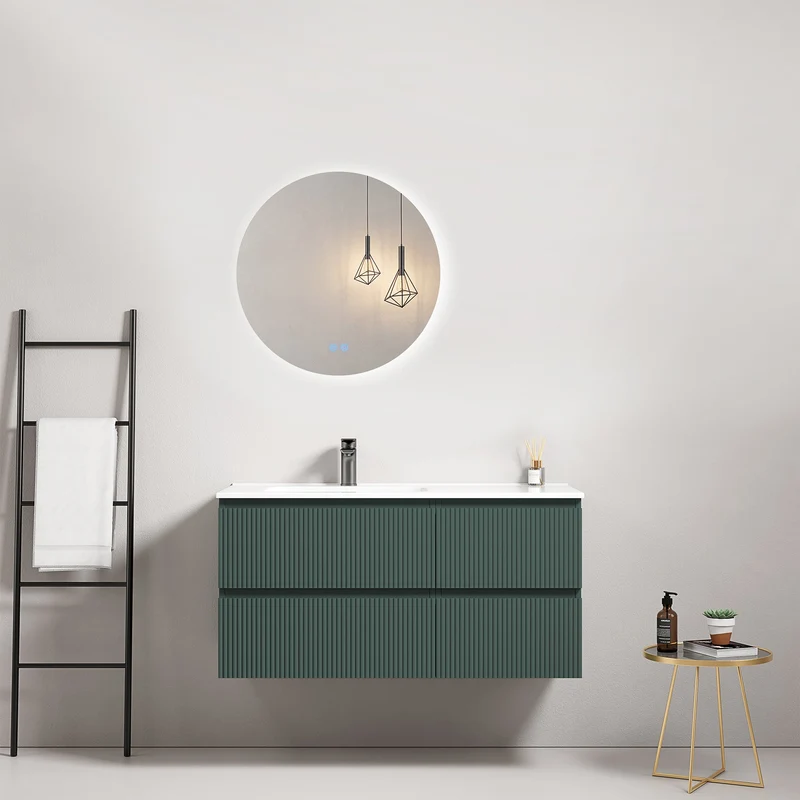 Mobile bagno sospeso cannettato 100 cm Verde Comodoro Lavabo a Sinistra in Ceramica Specchio Tondo Retroilluminato - Fiji Paint