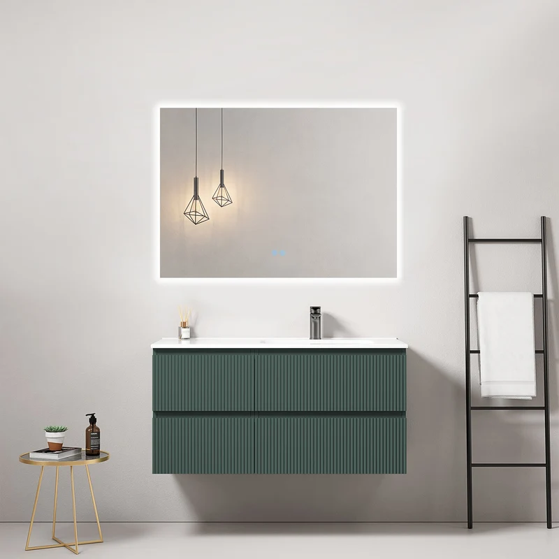 Mobile bagno sospeso cannettato 100 cm Verde Comodoro Lavabo a Destra in Ceramica Specchio Quadro Retroilluminato - Fiji Paint
