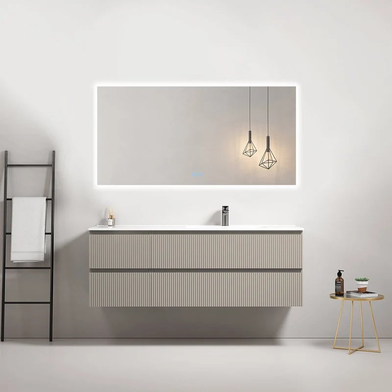 Mobile bagno sospeso cannettato 140 cm Grigio Cenere Lavabo a Destra in Resina Specchio Quadro Retroilluminato - Fiji Paint