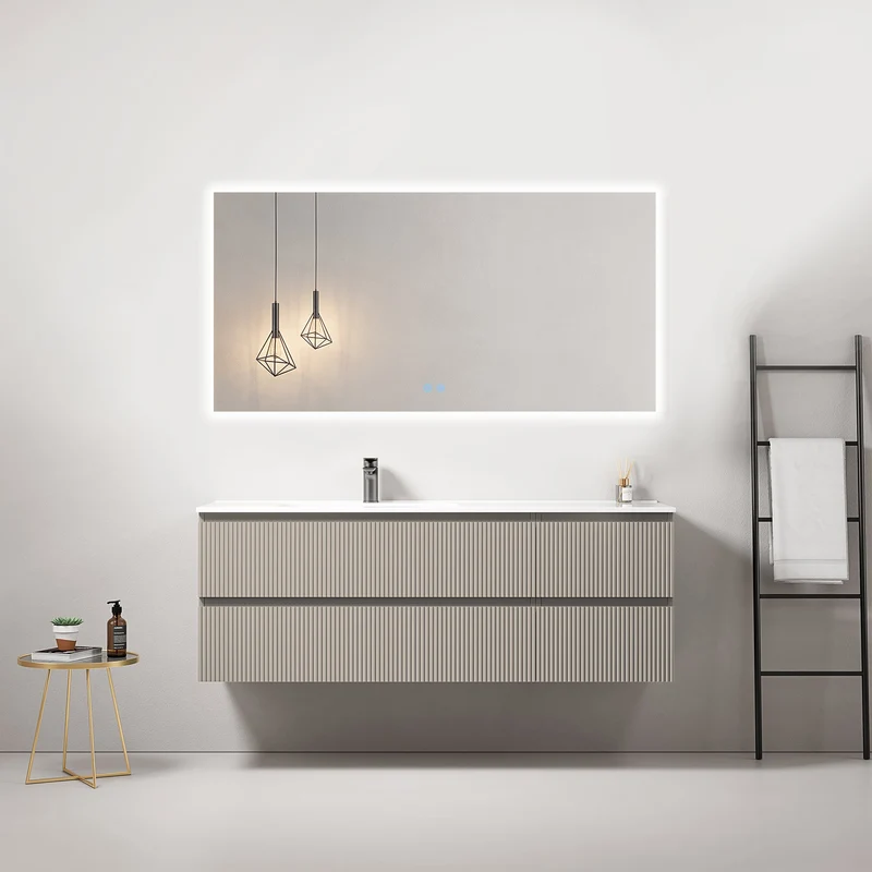 Mobile bagno sospeso cannettato 140 cm Grigio Cenere Lavabo a Sinistra in Resina Specchio Quadro Retroilluminato - Fiji Paint