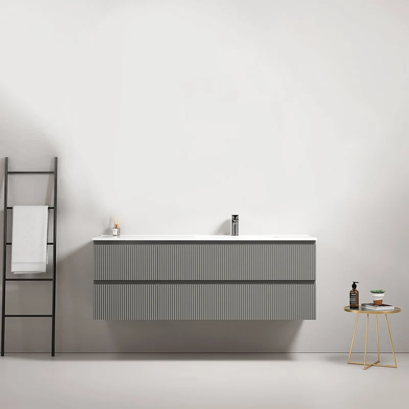 Mobile bagno sospeso cannettato 140 cm Grigio Londra Lavabo a Destra in Resina Senza Specchio - Fiji Paint