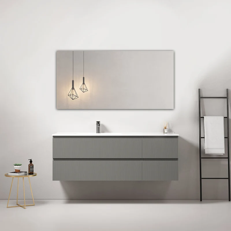 Mobile bagno sospeso cannettato 140 cm Grigio Londra Lavabo a Sinistra in Resina Specchio Quadro - Fiji Paint
