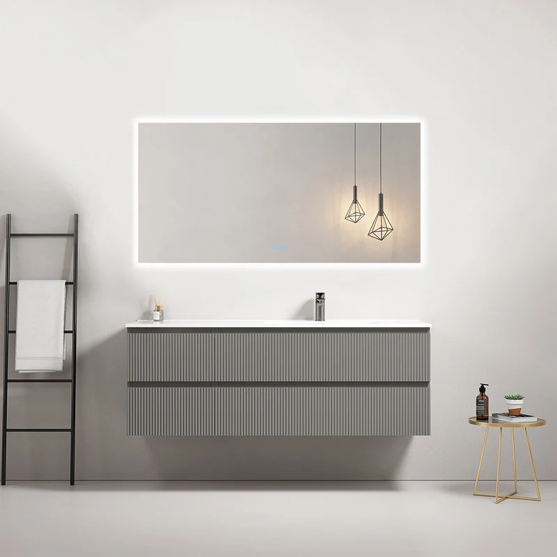 Mobile bagno sospeso cannettato 140 cm Grigio Londra Lavabo a Destra in Resina Specchio Quadro Retroilluminato - Fiji Paint