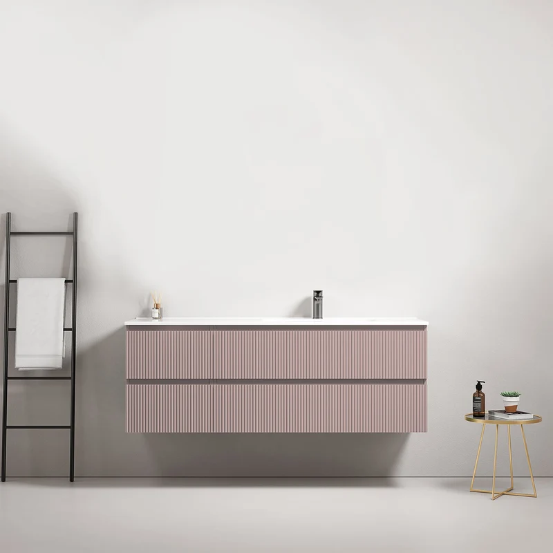 Mobile bagno sospeso cannettato 140 cm Rosa Retro Lavabo a Destra in Resina Senza Specchio - Fiji Paint