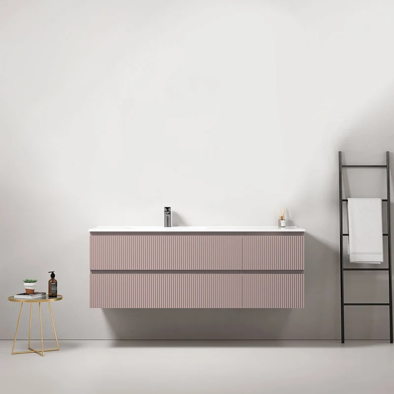 Mobile bagno sospeso cannettato 140 cm Rosa Retro Lavabo a Sinistra in Resina Senza Specchio - Fiji Paint
