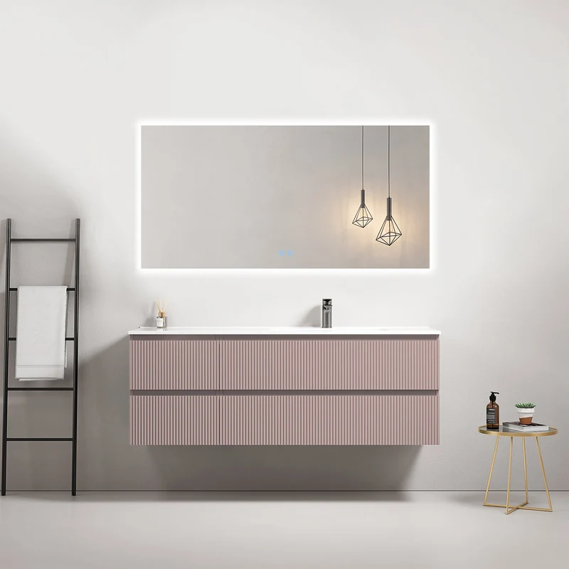 Mobile bagno sospeso cannettato 140 cm Rosa Retro Lavabo a Destra in Resina Specchio Quadro Retroilluminato - Fiji Paint