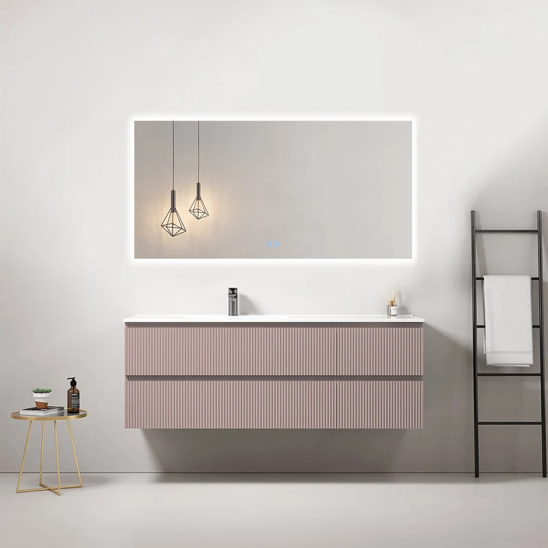 Mobile bagno sospeso cannettato 140 cm Rosa Retro Lavabo a Sinistra in Resina Specchio Quadro Retroilluminato - Fiji Paint