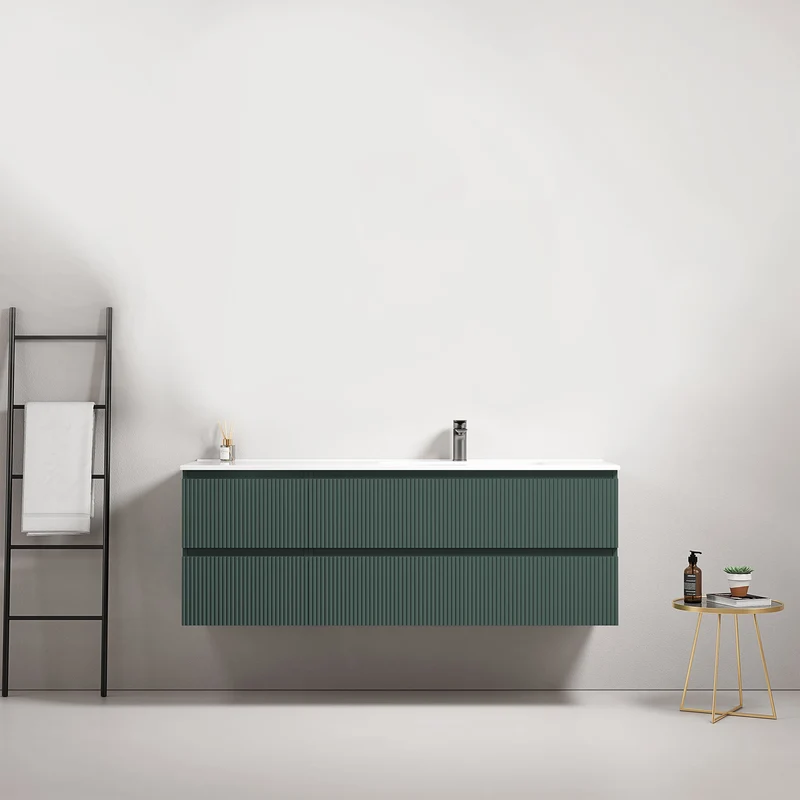Mobile bagno sospeso cannettato 140 cm Verde Comodoro Lavabo a Destra in Resina Senza Specchio - Fiji Paint