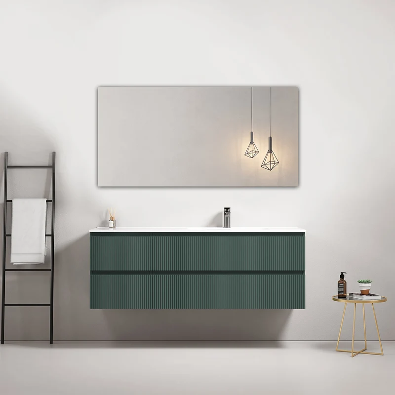 Mobile bagno sospeso cannettato 140 cm Verde Comodoro Lavabo a Destra in Resina Specchio Quadro - Fiji Paint
