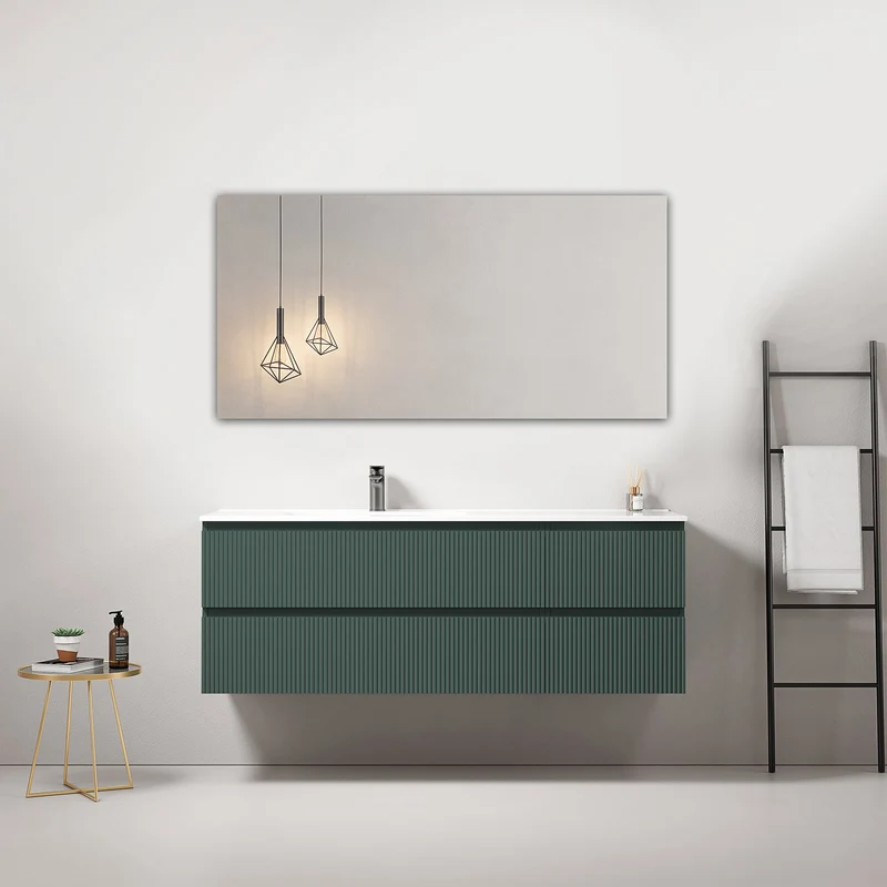 Mobile bagno sospeso cannettato 140 cm Verde Comodoro Lavabo a Sinistra in Resina Specchio Quadro - Fiji Paint