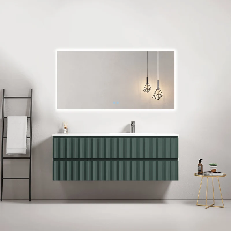 Mobile bagno sospeso cannettato 140 cm Verde Comodoro Lavabo a Destra in Resina Specchio Quadro Retroilluminato - Fiji Paint