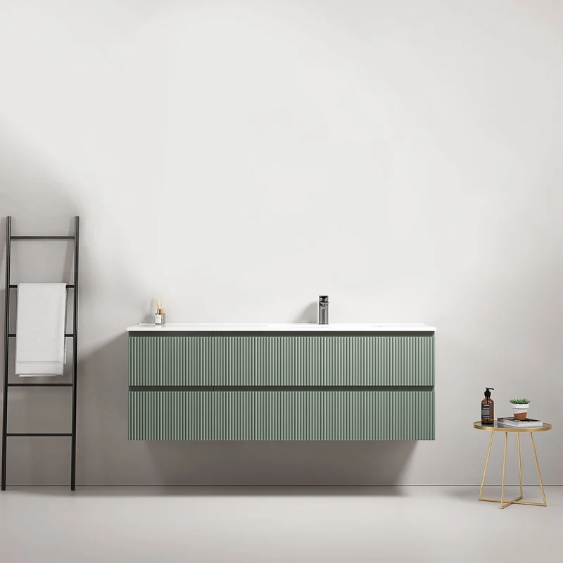 Mobile bagno sospeso cannettato 140 cm Verde Salvia Lavabo a Destra in Resina Senza Specchio - Fiji Paint