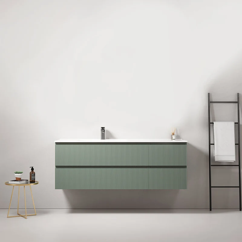 Mobile bagno sospeso cannettato 140 cm Verde Salvia Lavabo a Sinistra in Resina Senza Specchio - Fiji Paint