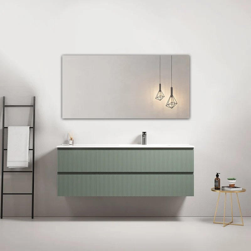 Mobile bagno sospeso cannettato 140 cm Verde Salvia Lavabo a Destra in Resina Specchio Quadro - Fiji Paint