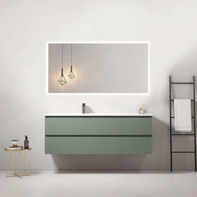 Mobile bagno sospeso cannettato 140 cm Verde Salvia Lavabo a Sinistra in Resina Specchio Quadro Retroilluminato - Fiji Paint