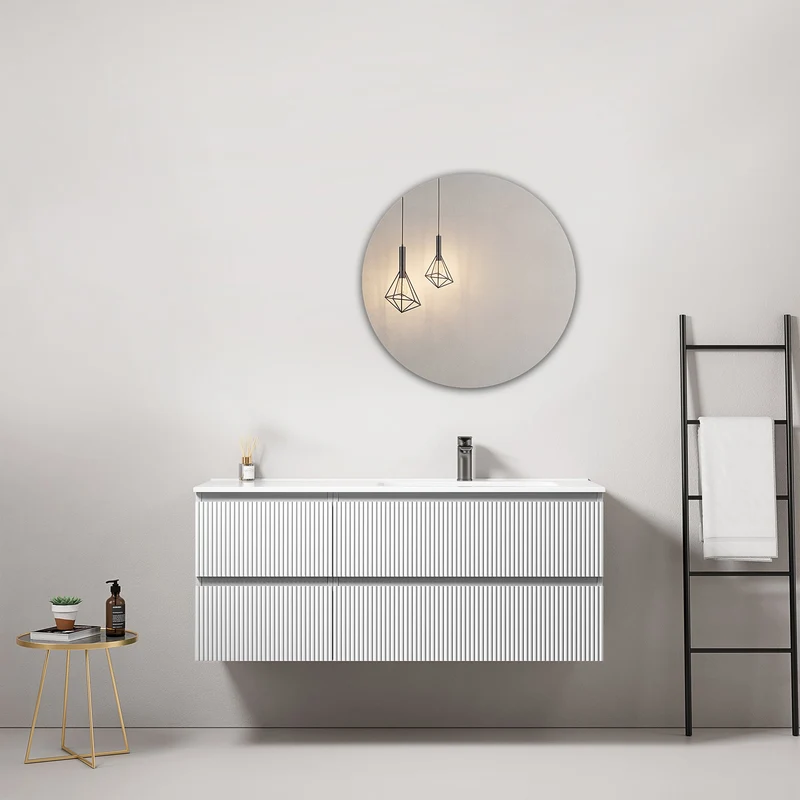 Mobile bagno sospeso cannettato 120 cm Bianco Lavabo a Destra in Ceramica Specchio Tondo - Fiji Paint