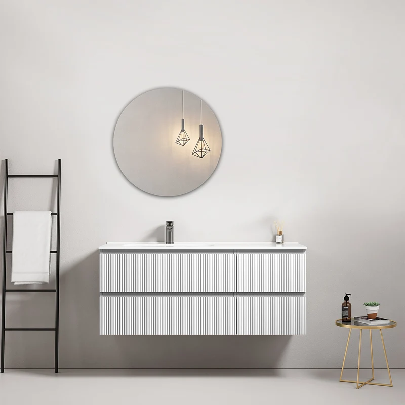 Mobile bagno sospeso cannettato 120 cm Bianco Lavabo a Sinistra in Ceramica Specchio Tondo - Fiji Paint