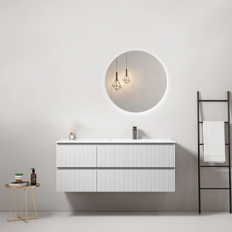 Mobile bagno sospeso cannettato 120 cm Bianco Lavabo a Destra in Ceramica Specchio Tondo Retroilluminato - Fiji Paint