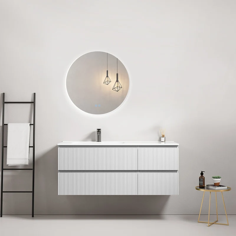 Mobile bagno sospeso cannettato 120 cm Bianco Lavabo a Sinistra in Ceramica Specchio Tondo Retroilluminato - Fiji Paint