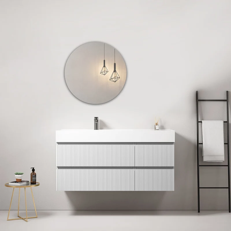 Mobile bagno sospeso cannettato 120 cm Bianco Lavabo a Sinistra in Resina Specchio Tondo - Fiji Paint