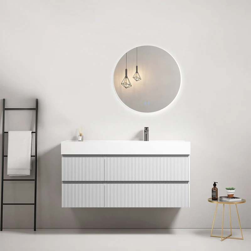 Mobile bagno sospeso cannettato 120 cm Bianco Lavabo a Destra in Resina Specchio Tondo Retroilluminato - Fiji Paint