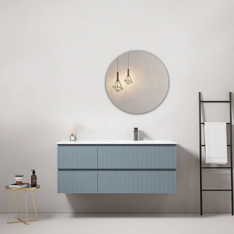 Mobile bagno sospeso cannettato 120 cm Blu Avio Lavabo a Destra in Ceramica Specchio Tondo - Fiji Paint