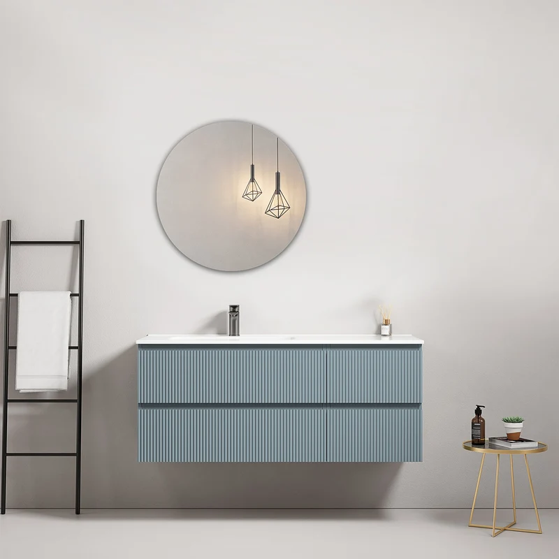 Mobile bagno sospeso cannettato 120 cm Blu Avio Lavabo a Sinistra in Ceramica Specchio Tondo - Fiji Paint