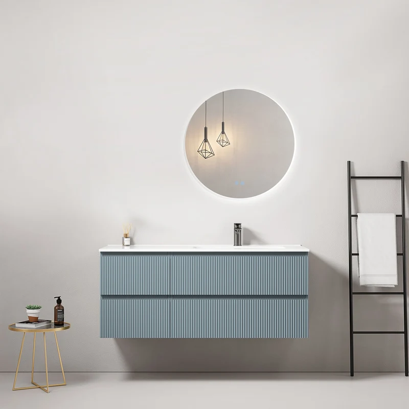 Mobile bagno sospeso cannettato 120 cm Blu Avio Lavabo a Destra in Ceramica Specchio Tondo Retroilluminato - Fiji Paint