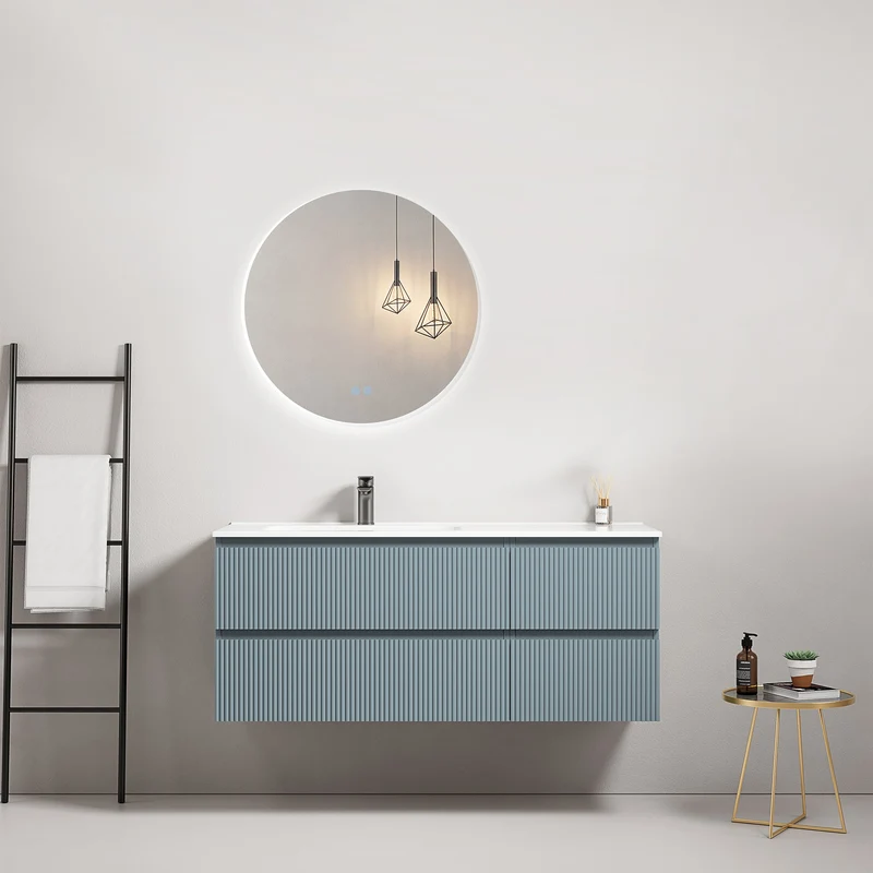 Mobile bagno sospeso cannettato 120 cm Blu Avio Lavabo a Sinistra in Ceramica Specchio Tondo Retroilluminato - Fiji Paint