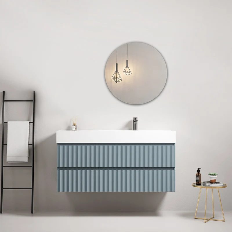 Mobile bagno sospeso cannettato 120 cm Blu Avio Lavabo a Destra in Resina Specchio Tondo - Fiji Paint