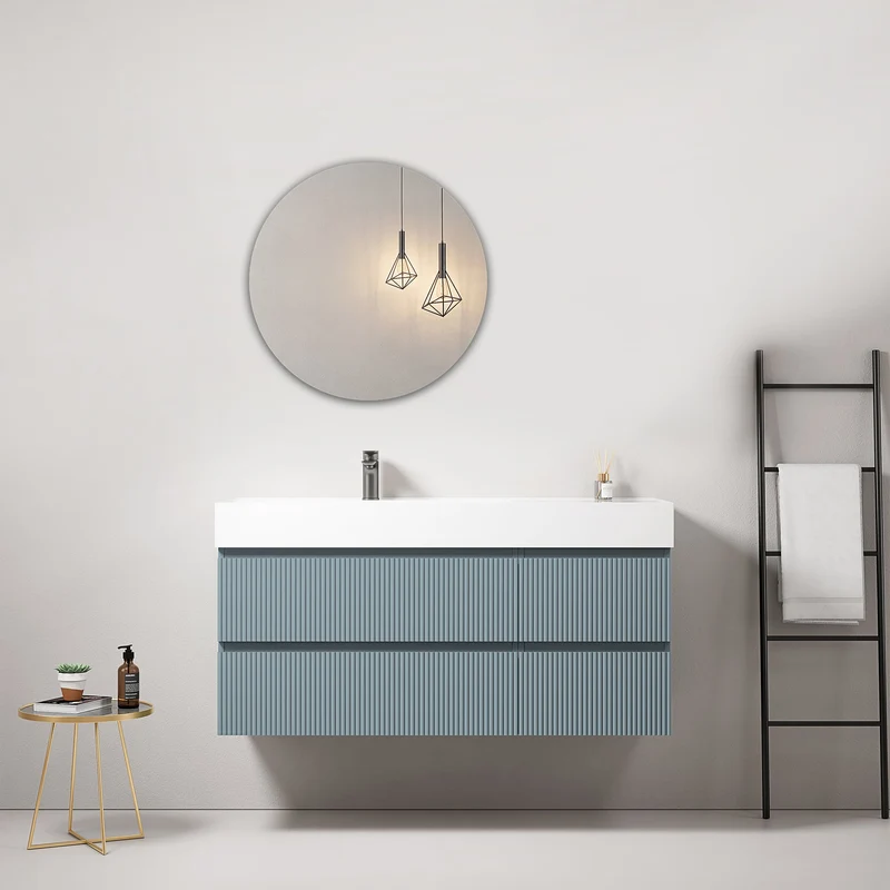 Mobile bagno sospeso cannettato 120 cm Blu Avio Lavabo a Sinistra in Resina Specchio Tondo - Fiji Paint