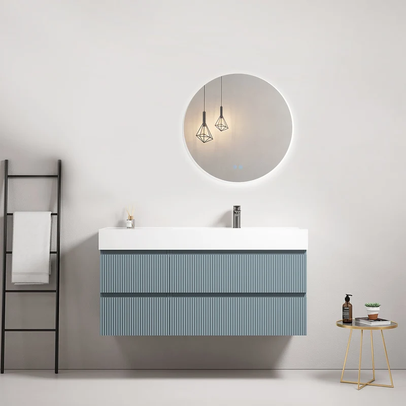 Mobile bagno sospeso cannettato 120 cm Blu Avio Lavabo a Destra in Resina Specchio Tondo Retroilluminato - Fiji Paint