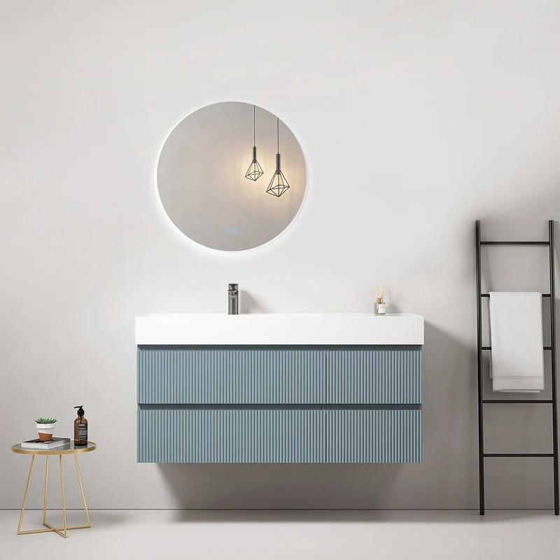 Mobile bagno sospeso cannettato 120 cm Blu Avio Lavabo a Sinistra in Resina Specchio Tondo Retroilluminato - Fiji Paint