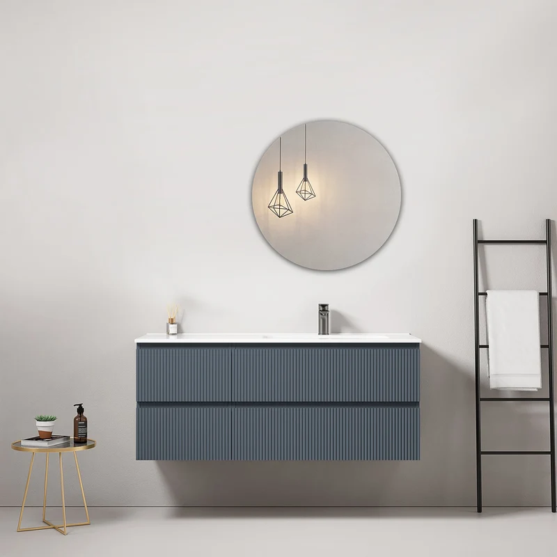 Mobile bagno sospeso cannettato 120 cm Blu Mare Lavabo a Destra in Ceramica Specchio Tondo - Fiji Paint