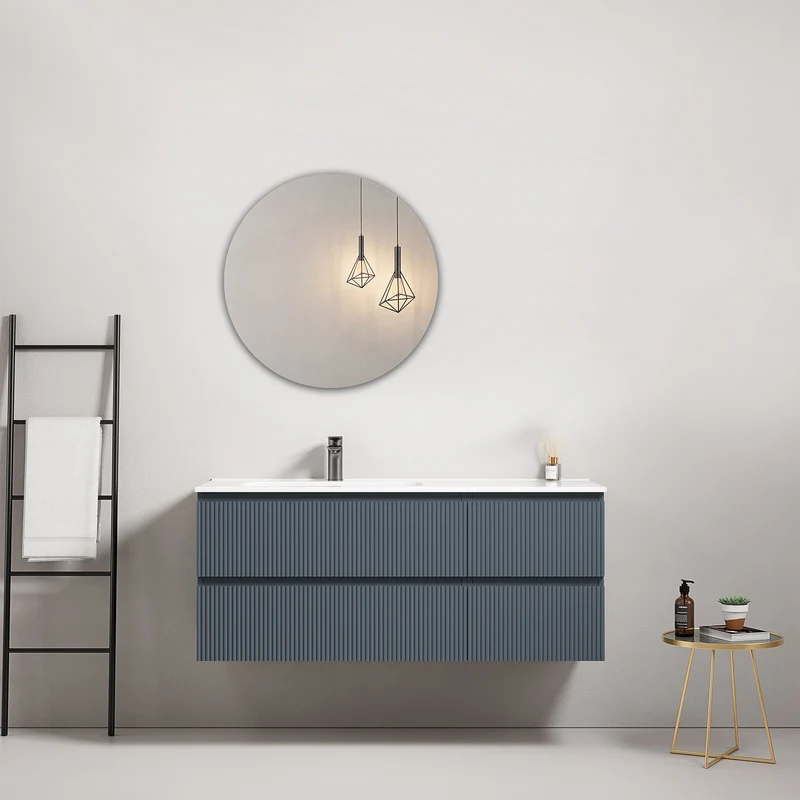 Mobile bagno sospeso cannettato 120 cm Blu Mare Lavabo a Sinistra in Ceramica Specchio Tondo - Fiji Paint