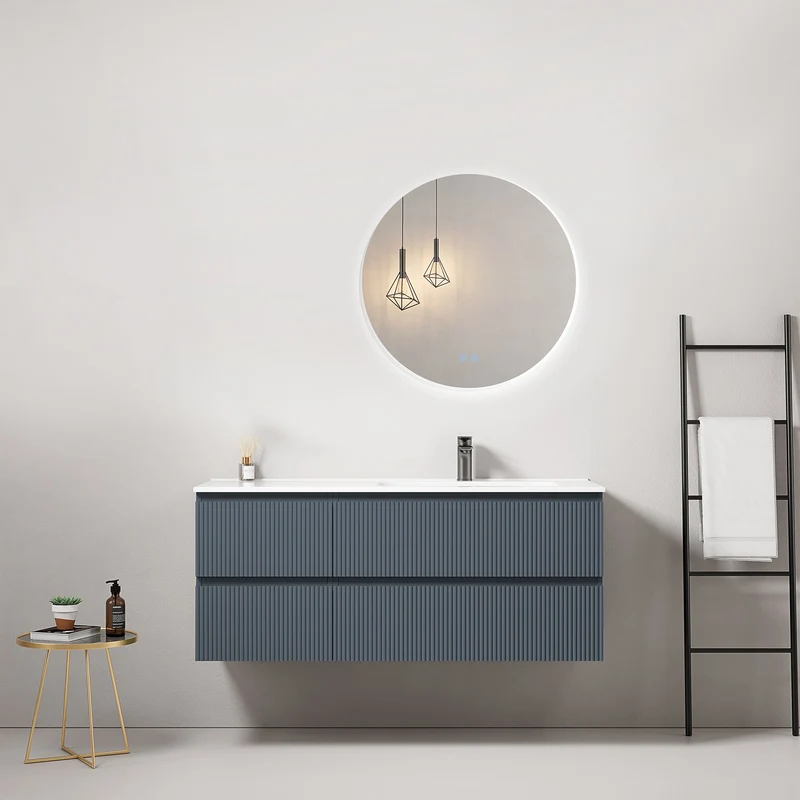 Mobile bagno sospeso cannettato 120 cm Blu Mare Lavabo a Destra in Ceramica Specchio Tondo Retroilluminato - Fiji Paint