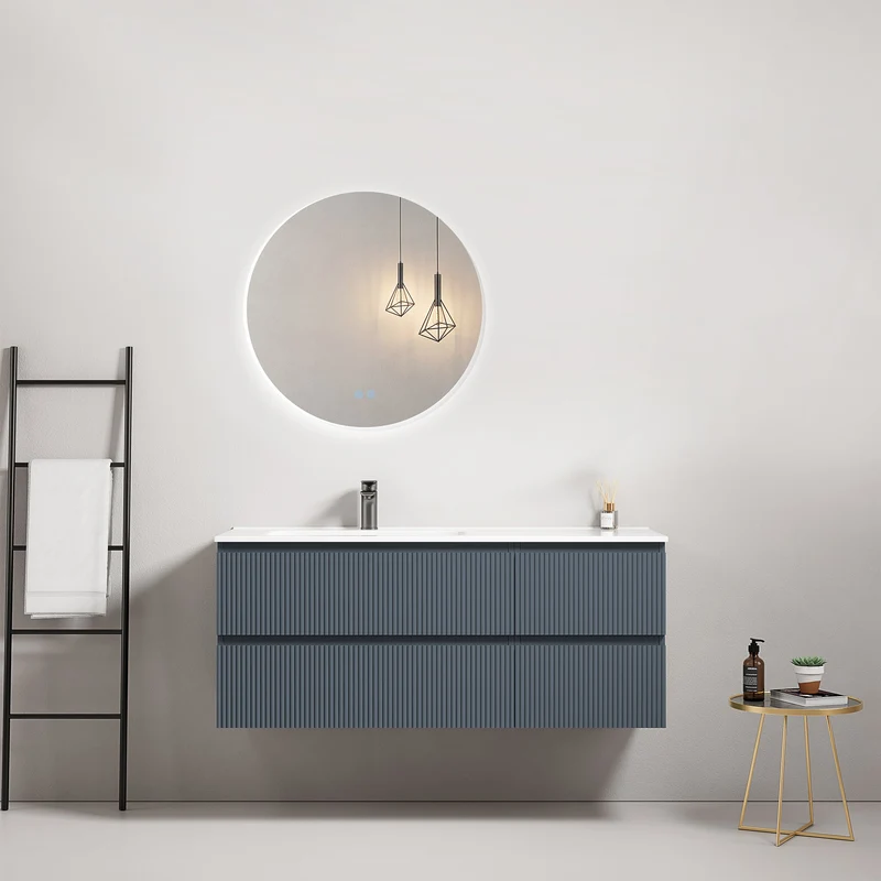 Mobile bagno sospeso cannettato 120 cm Blu Mare Lavabo a Sinistra in Ceramica Specchio Tondo Retroilluminato - Fiji Paint