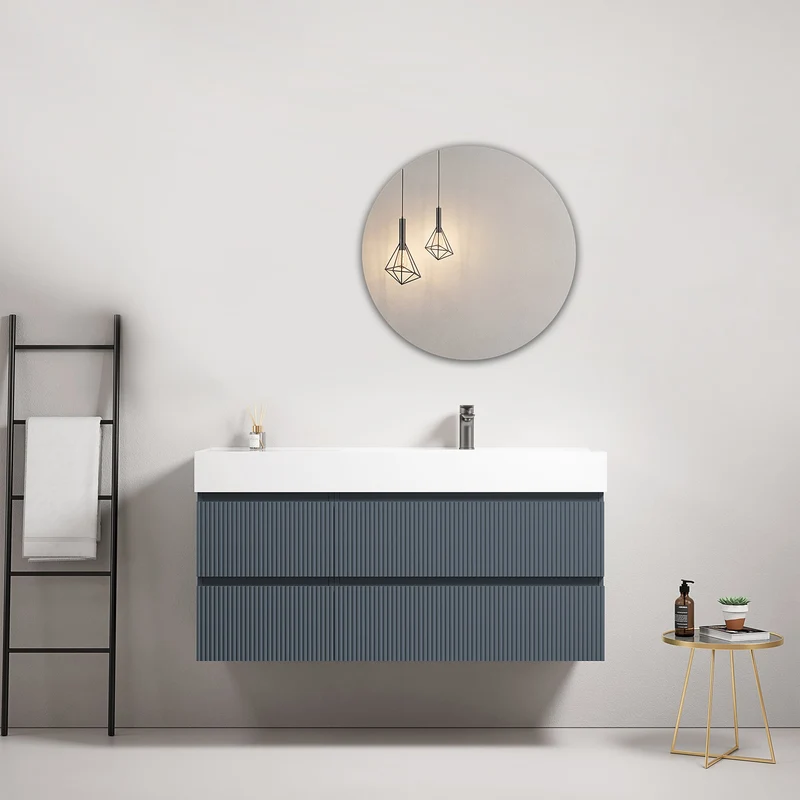 Mobile bagno sospeso cannettato 120 cm Blu Mare Lavabo a Destra in Resina Specchio Tondo - Fiji Paint