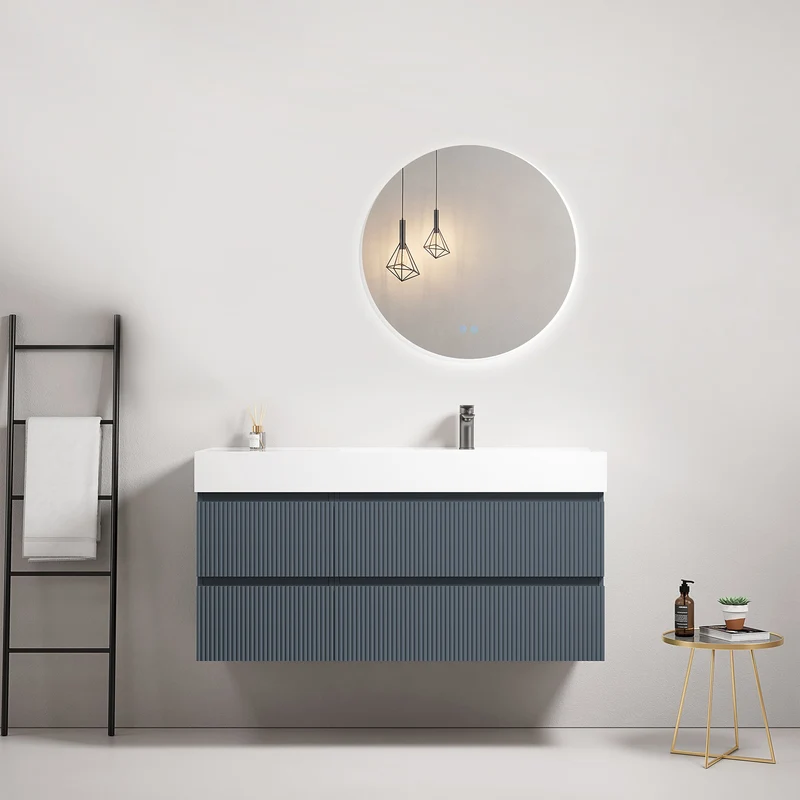 Mobile bagno sospeso cannettato 120 cm Blu Mare Lavabo a Destra in Resina Specchio Tondo Retroilluminato - Fiji Paint