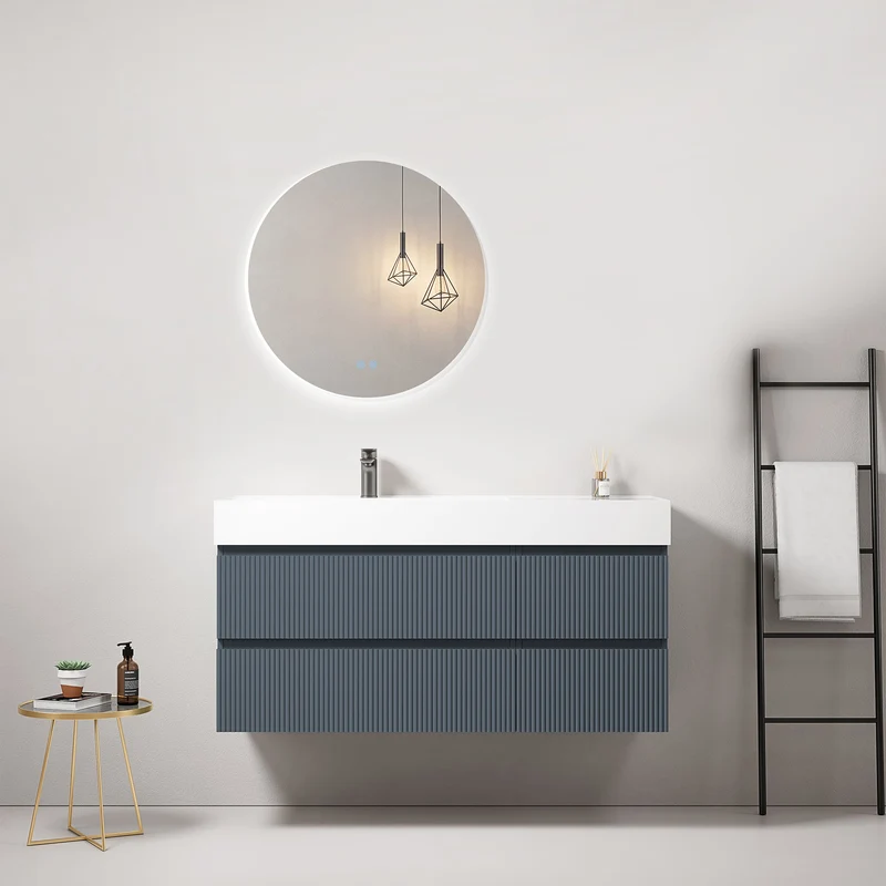 Mobile bagno sospeso cannettato 120 cm Blu Mare Lavabo a Sinistra in Resina Specchio Tondo Retroilluminato - Fiji Paint
