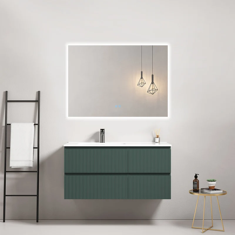 Mobile bagno sospeso cannettato 100 cm Verde Comodoro Lavabo a Sinistra in Ceramica Specchio Quadro Retroilluminato - Fiji Paint