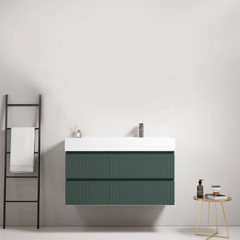 Mobile bagno sospeso cannettato 100 cm Verde Comodoro Lavabo a Destra in Resina Senza Specchio - Fiji Paint