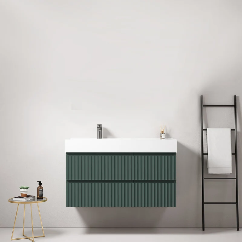 Mobile bagno sospeso cannettato 100 cm Verde Comodoro Lavabo a Sinistra in Resina Senza Specchio - Fiji Paint